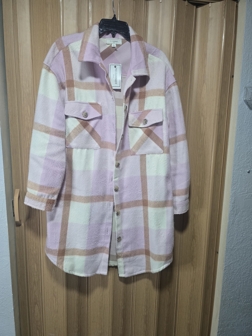 Women's Light Pink Plaid Utility Shacket with Cream & Tan Checks